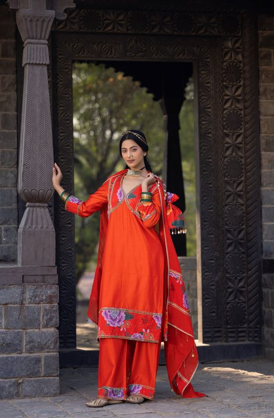 Orange Luxurious Chanderi Silk Suit (3 piece)