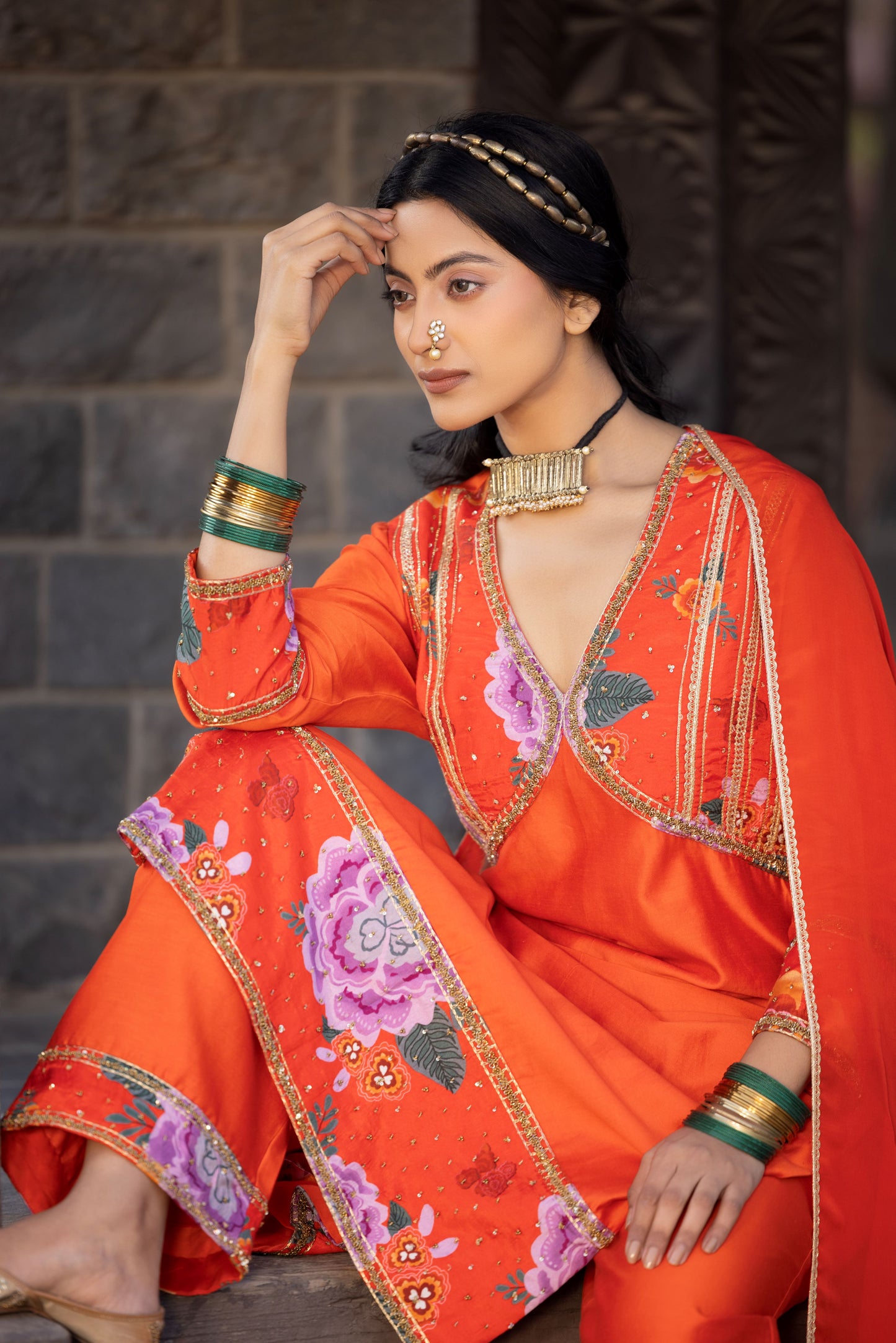 Orange Luxurious Chanderi Silk Suit (3 piece)