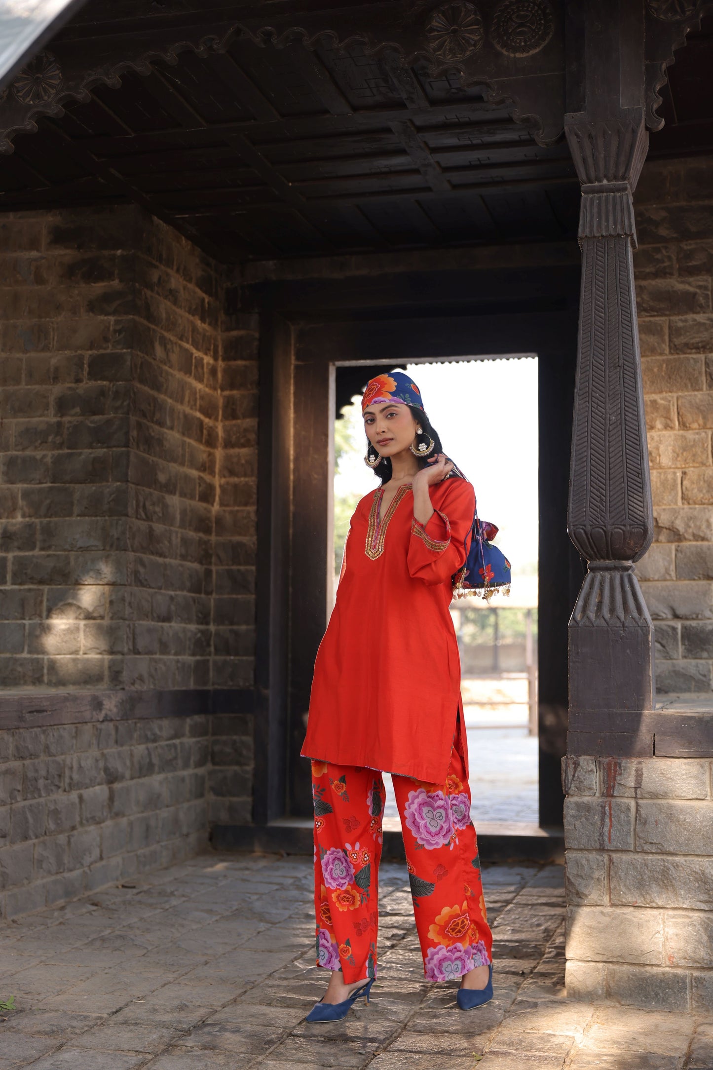 Orange Chanderi Printed Co-ord Set (2 piece)