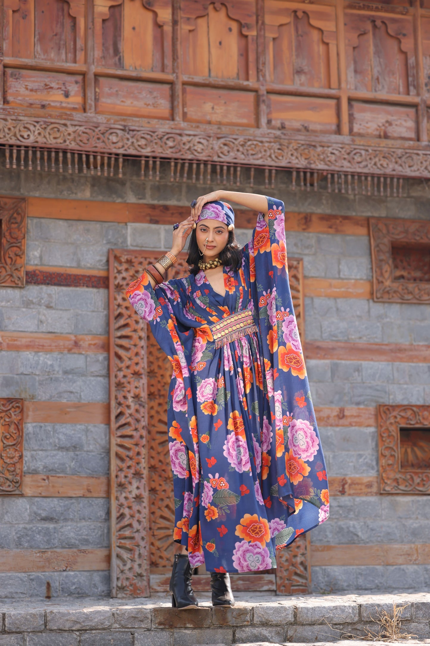 Blue Printed Kaftan Dress (one piece)