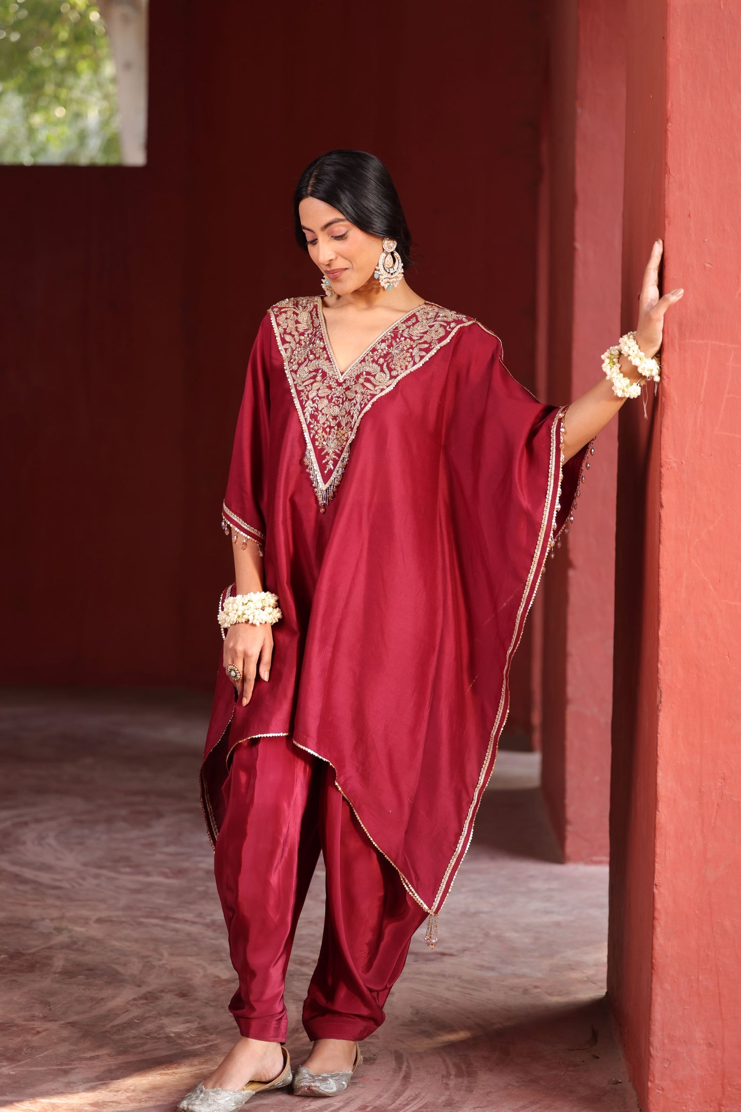 Chanderi Red Kaftan Cowel Pant Set ( 2 Piece)