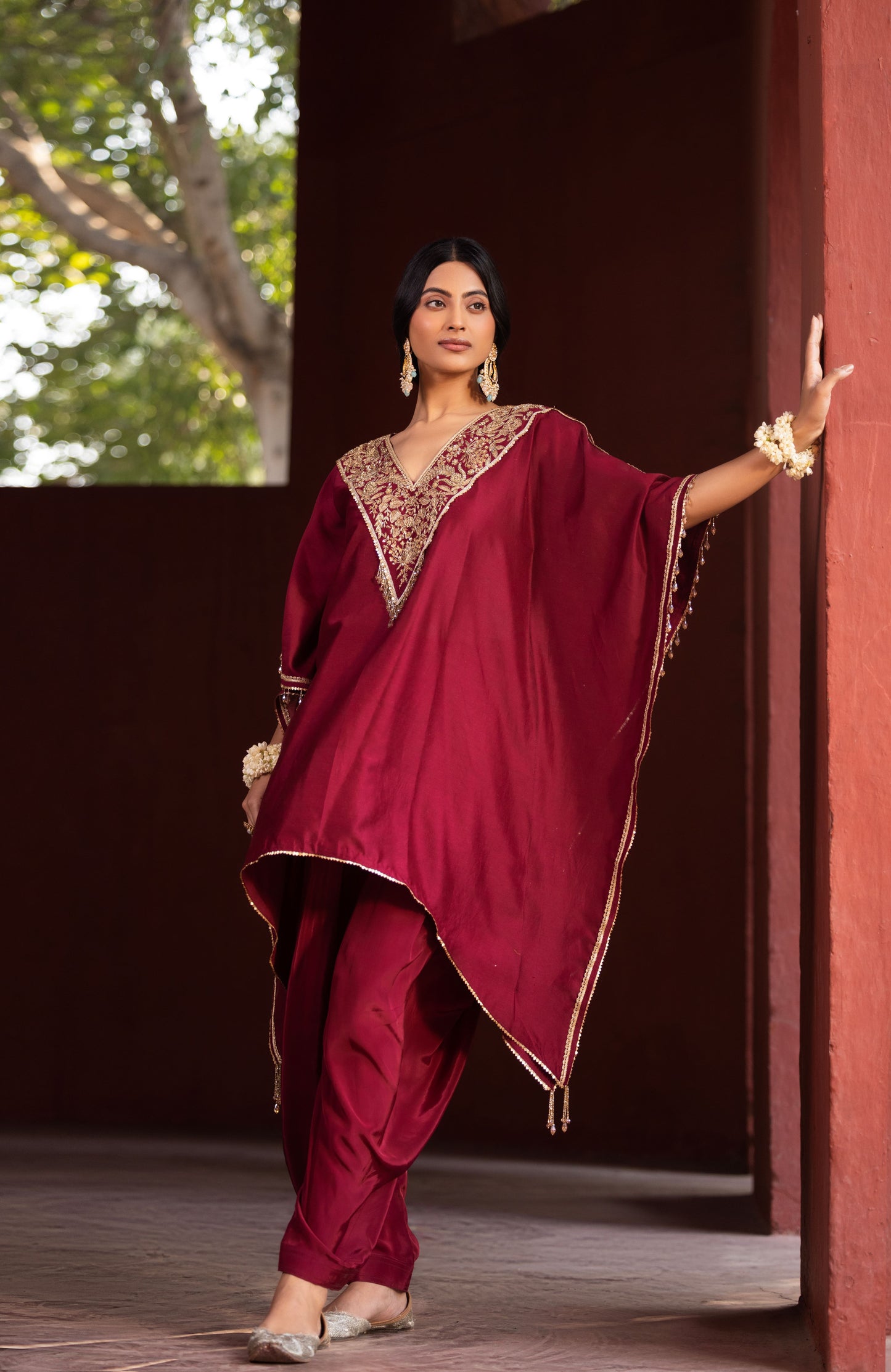 Chanderi Red Kaftan Cowel Pant Set ( 2 Piece)