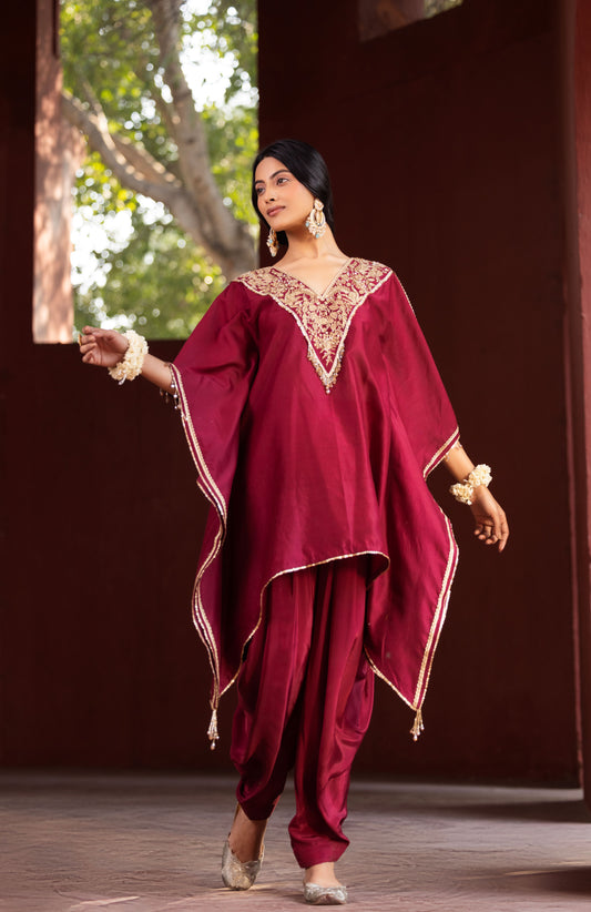 Chanderi Red Kaftan Cowel Pant Set ( 2 Piece)