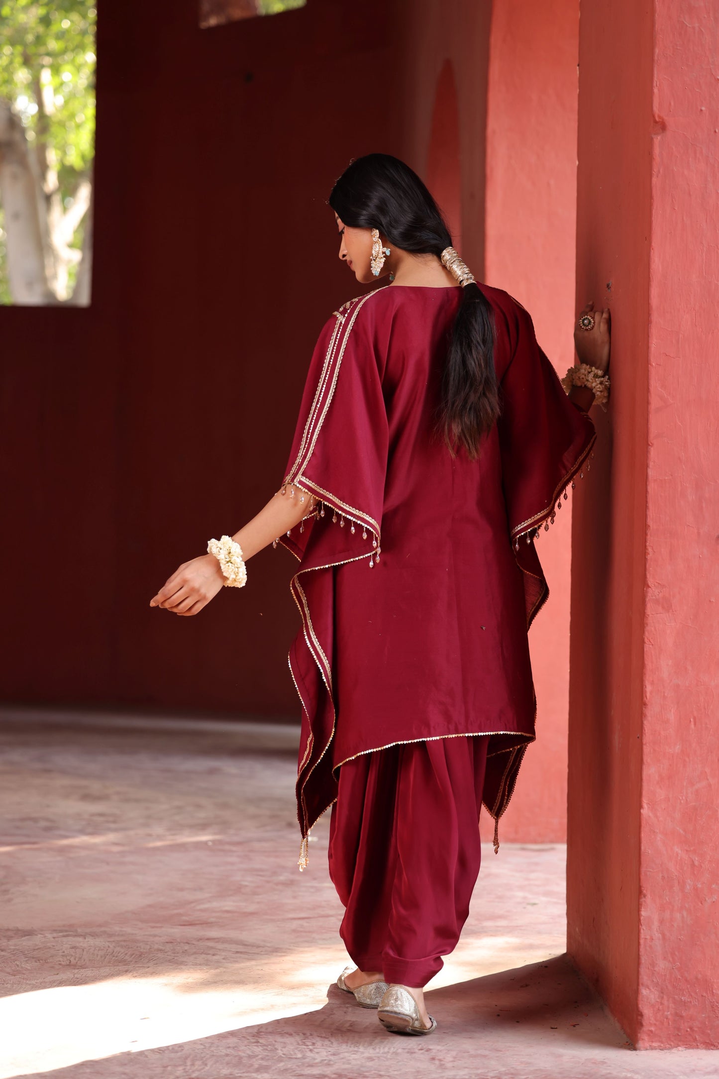 Chanderi Red Kaftan Cowel Pant Set ( 2 Piece)