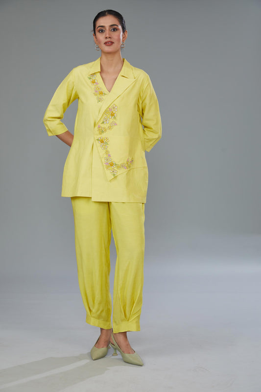 Yellow Cotton Silk Applique Embroidered Co-Ord Set