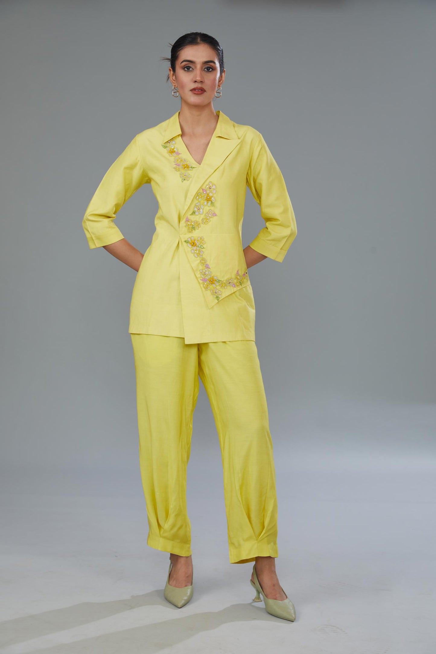 Yellow Cotton Silk Applique Embroidered Co-Ord Set