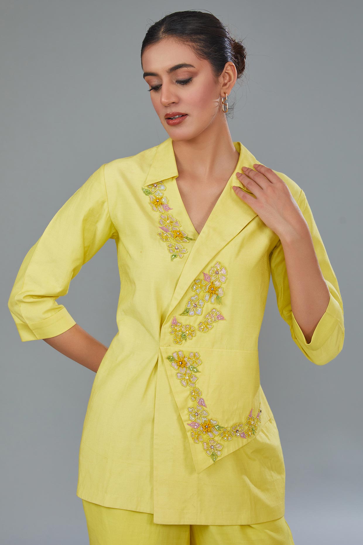 Yellow Cotton Silk Applique Embroidered Co-Ord Set