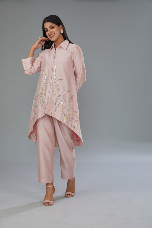 Pink Chanderi Silk Machine Embroidered Co-Ord Set