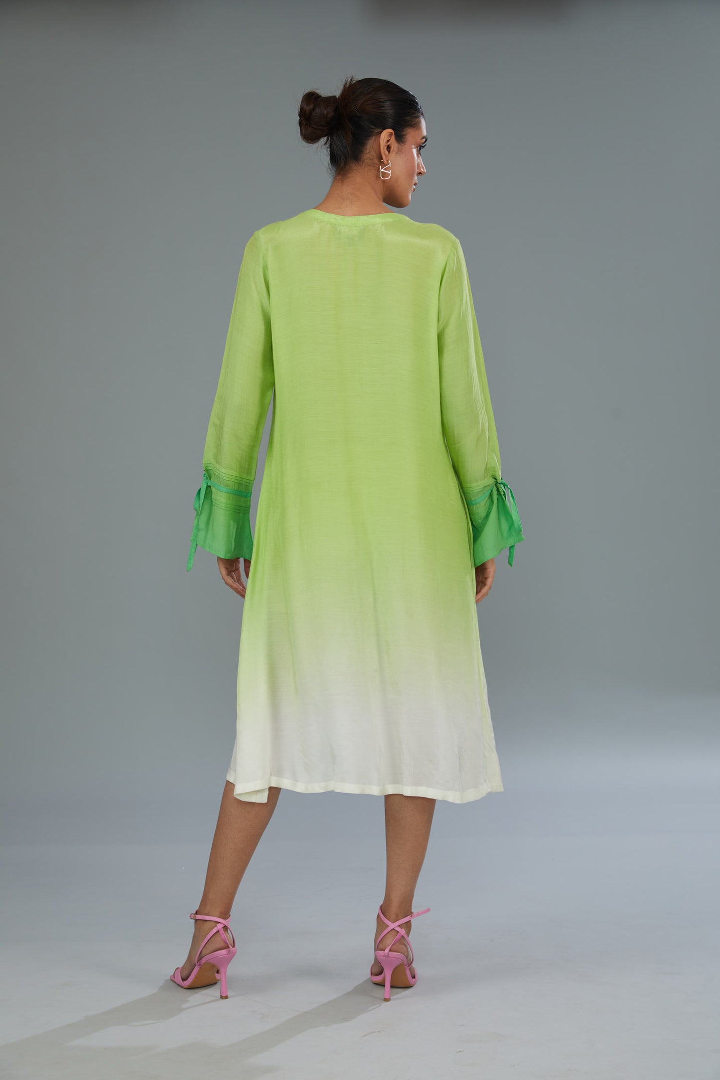 White & Green Ombre Dyed Cotton Silk Thread Embroidered Midi Dress