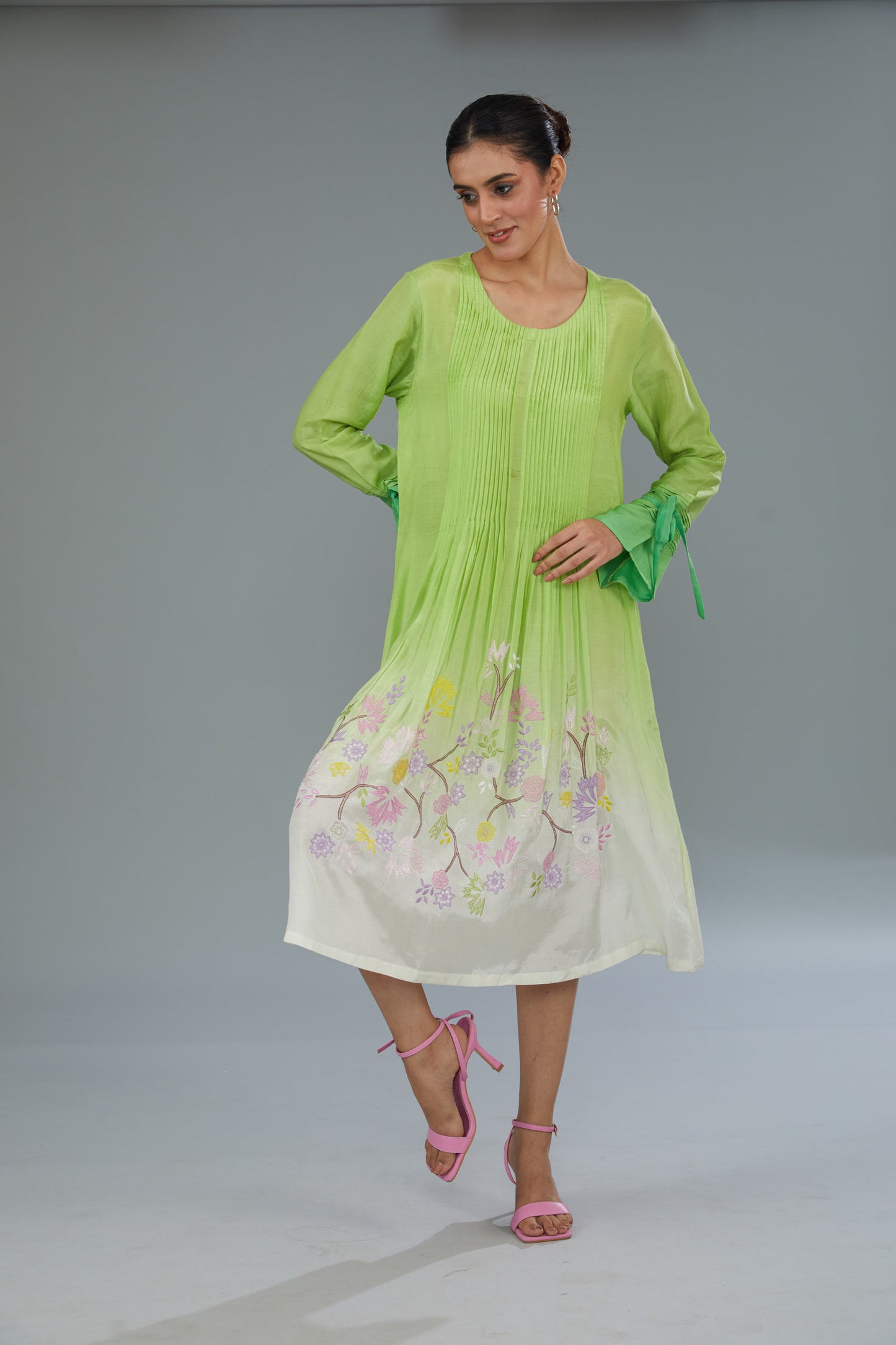 White & Green Ombre Dyed Cotton Silk Thread Embroidered Midi Dress