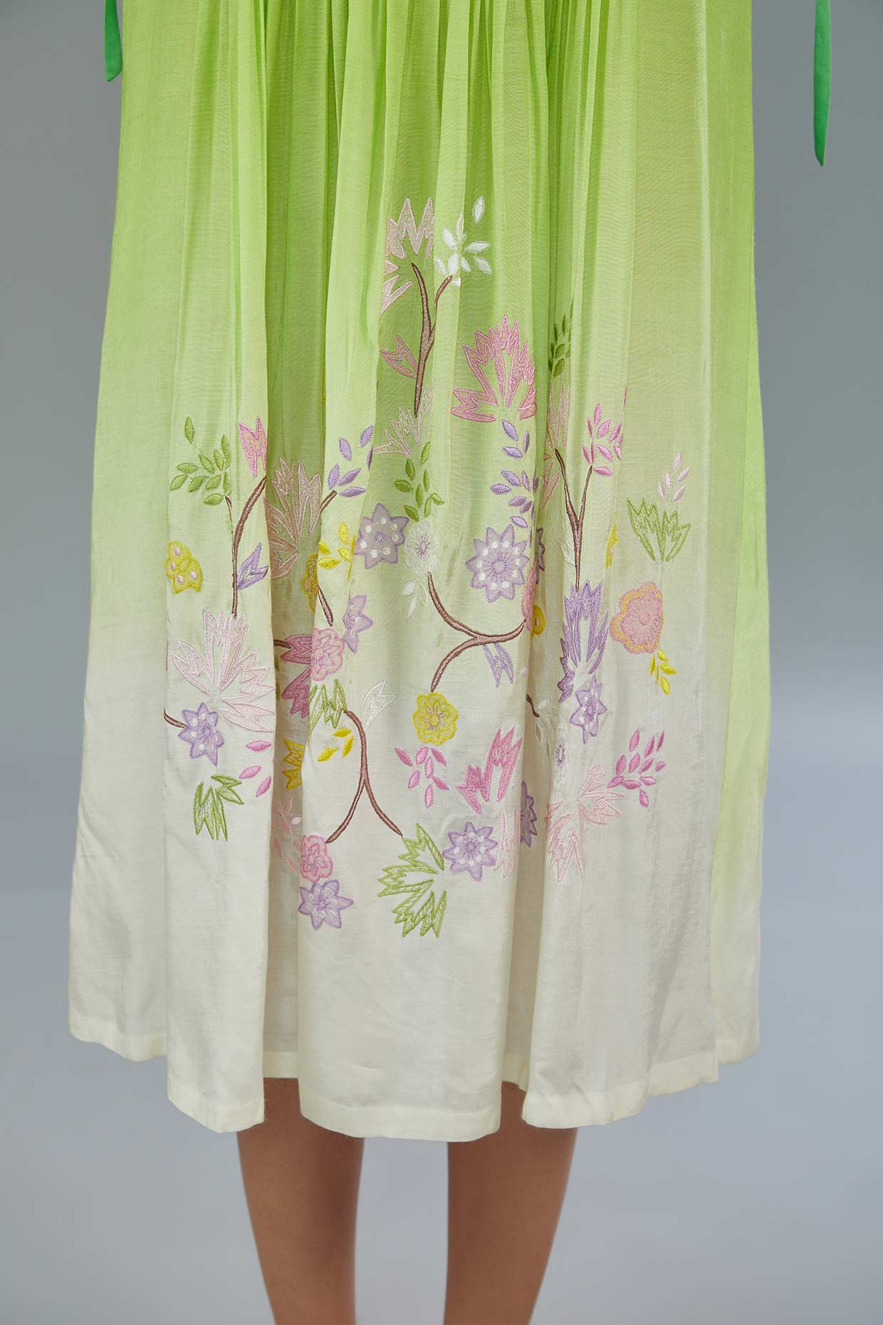 White & Green Ombre Dyed Cotton Silk Thread Embroidered Midi Dress