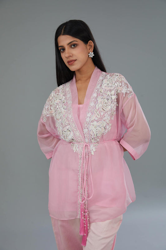 Pink Organza Silk Hand & Machine Embroidered Co-Ord Set from Kahani Lush