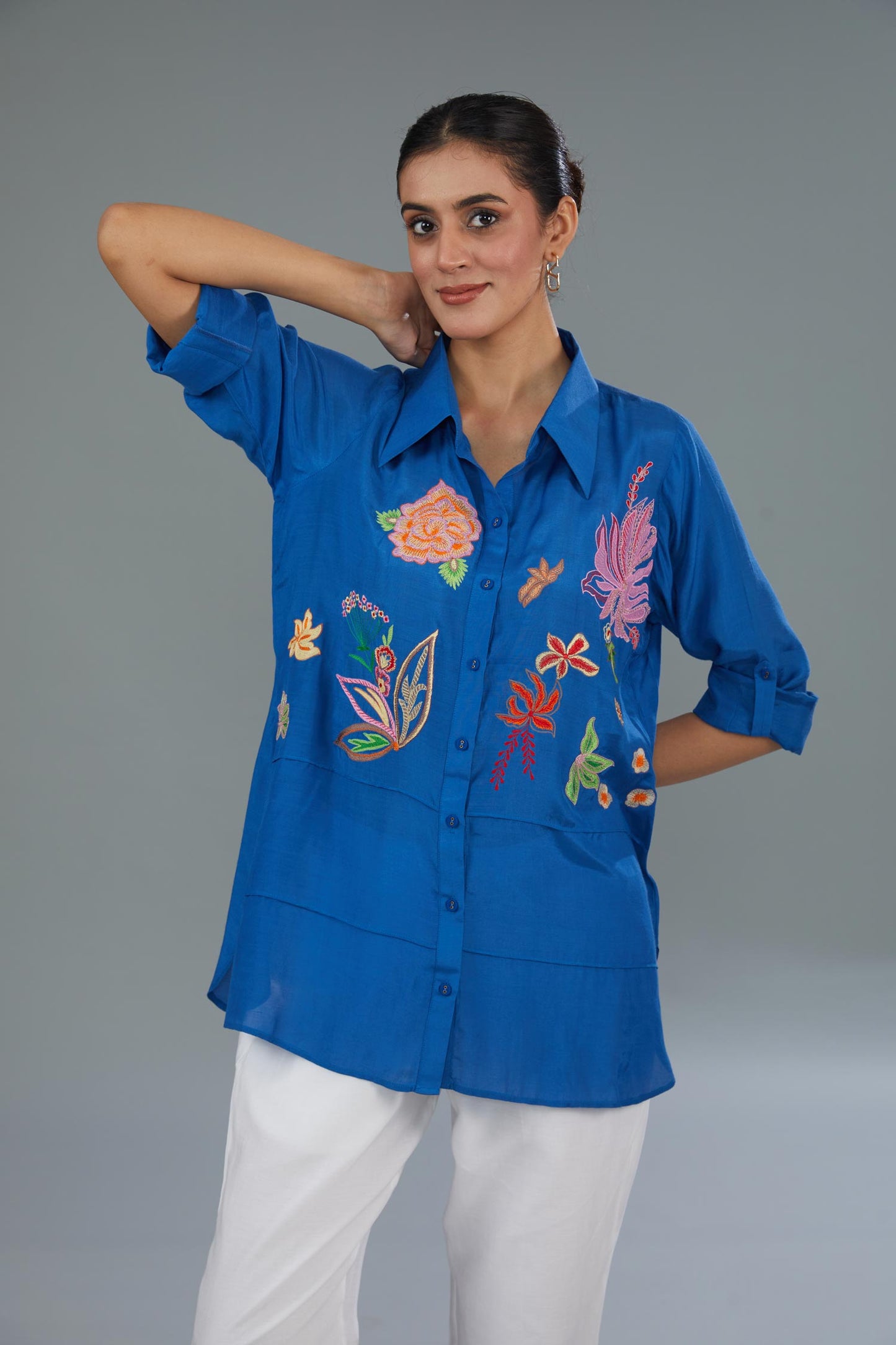 Cotton Silk Embroidered Blue Shirt from Kahani Lush