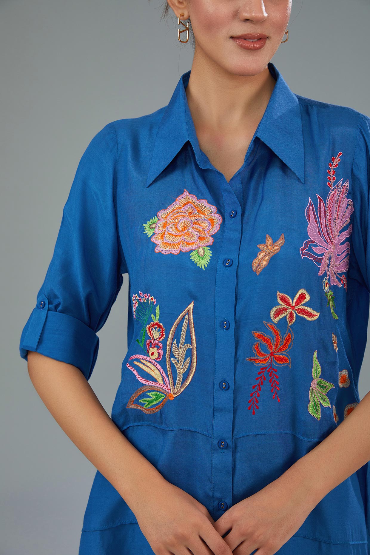 Cotton Silk Embroidered Blue Shirt from Kahani Lush