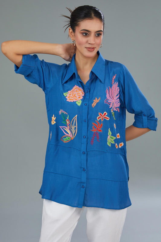 Cotton Silk Embroidered Blue Shirt from Kahani Lush