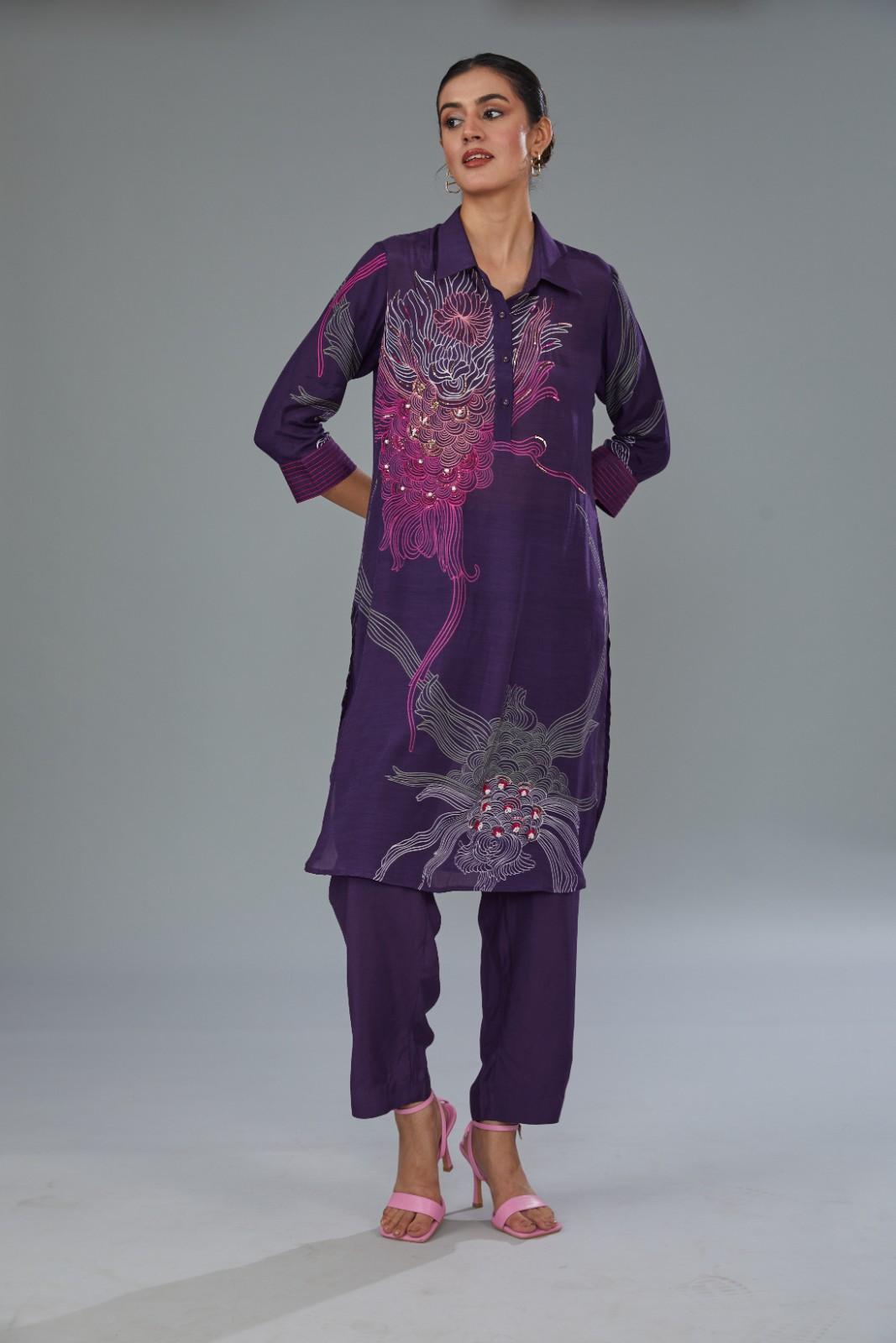 Purple Cotton Silk Digital Printed Hand Embroidered Co-Ord Set