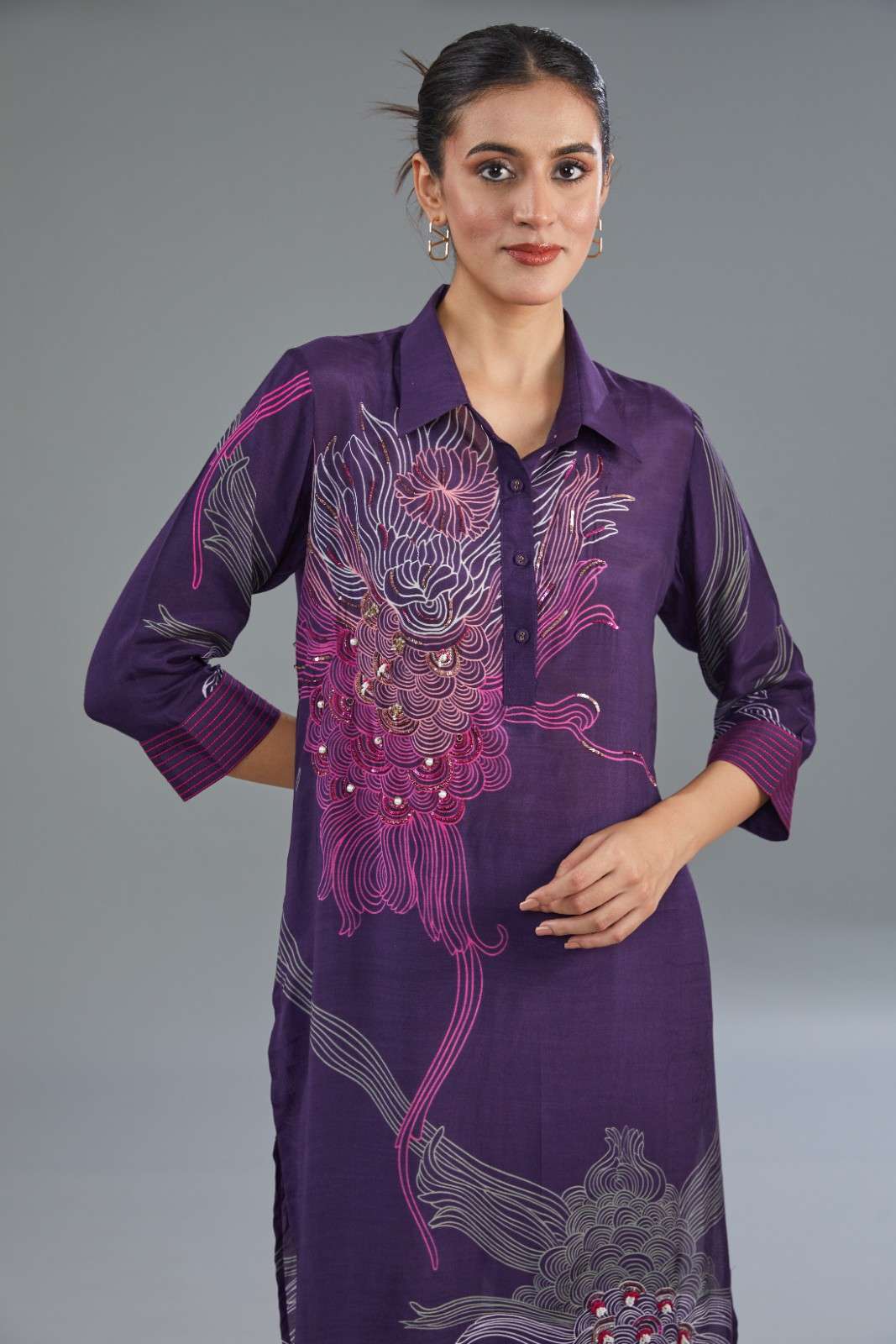 Purple Cotton Silk Digital Printed Hand Embroidered Co-Ord Set