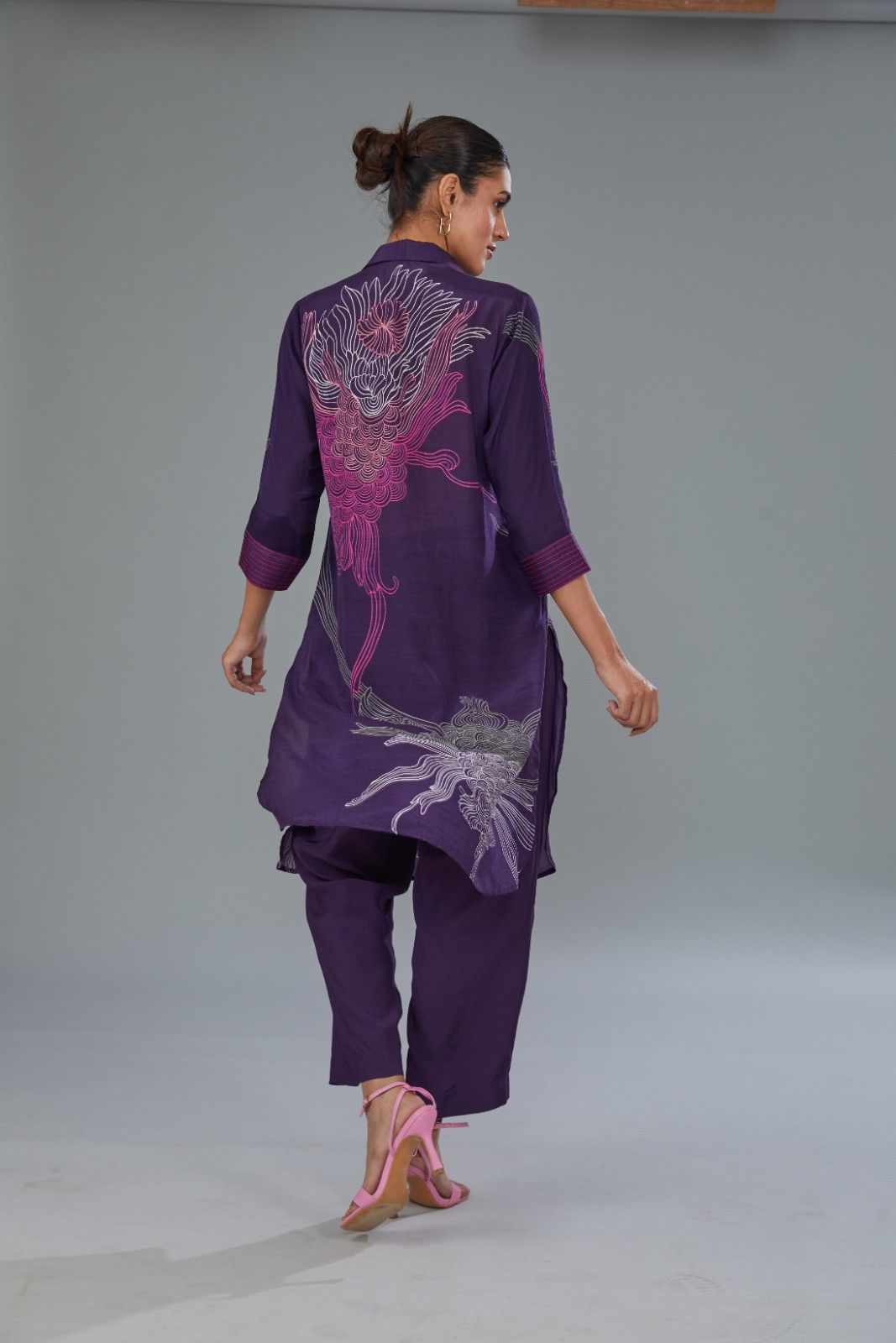 Purple Cotton Silk Digital Printed Hand Embroidered Co-Ord Set