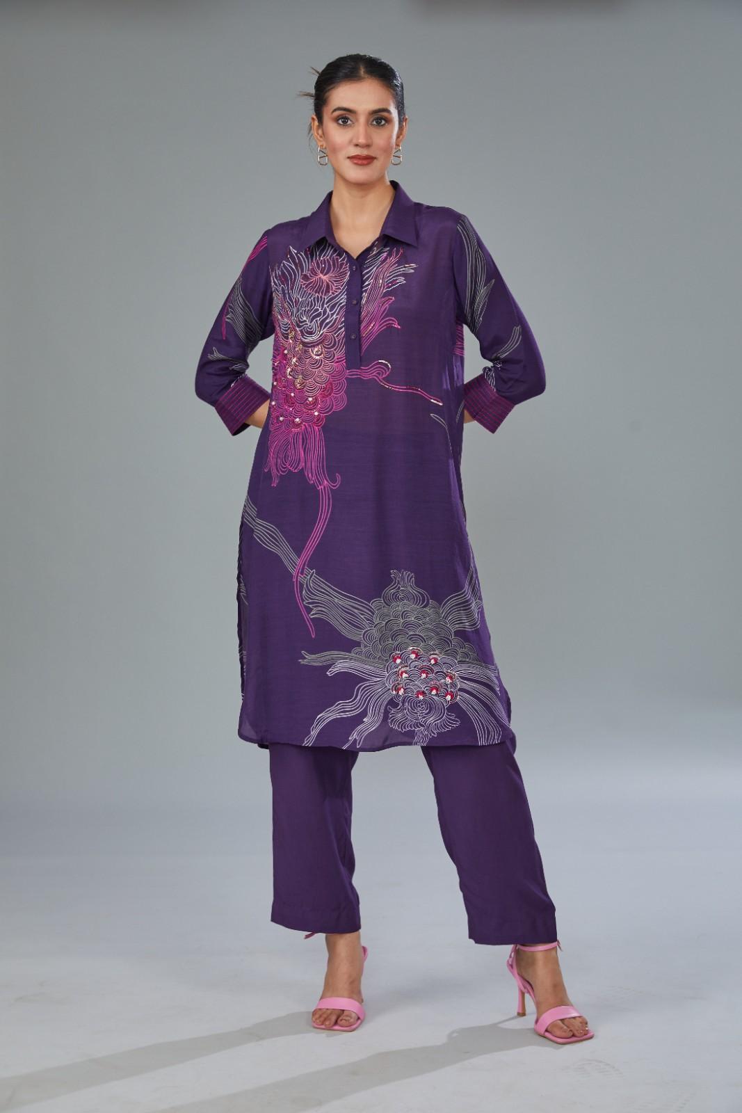 Purple Cotton Silk Digital Printed Hand Embroidered Co-Ord Set