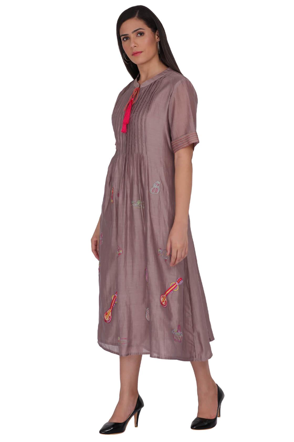 Midi Dress With Center Pintucks With Chinese Collar