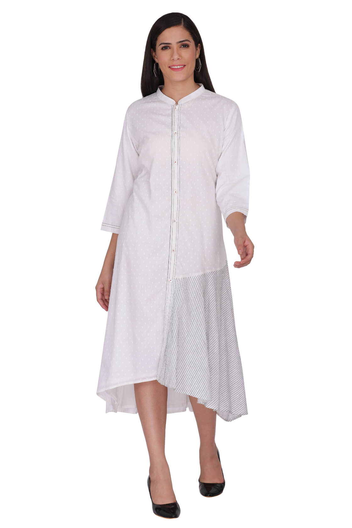 High Low A-Line Shirt Dress With Chinese Collar