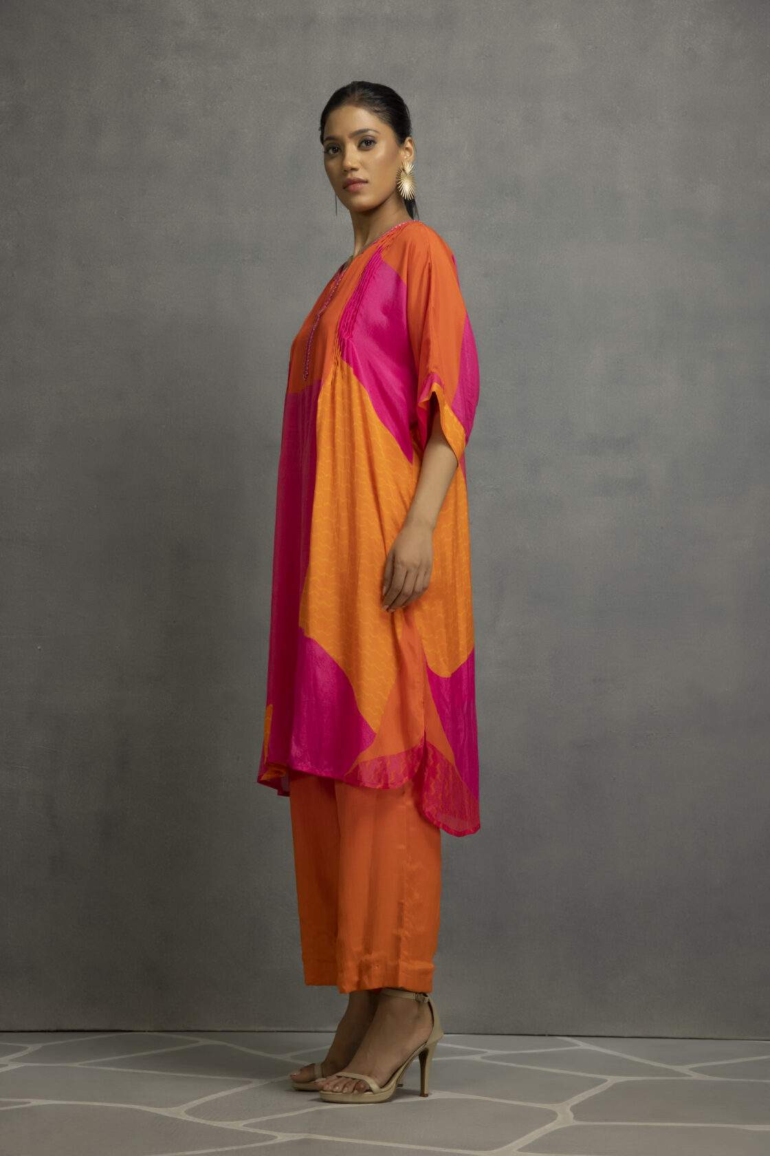 Orange Pink Printed Pleated Kurta In Cotton Silk Base