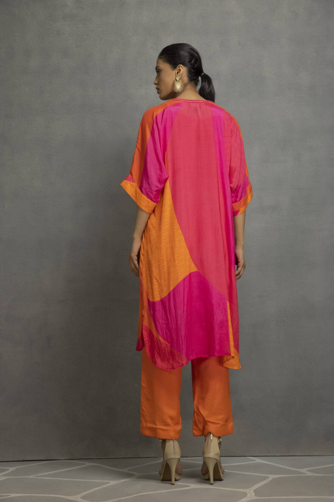 Orange Pink Printed Pleated Kurta In Cotton Silk Base