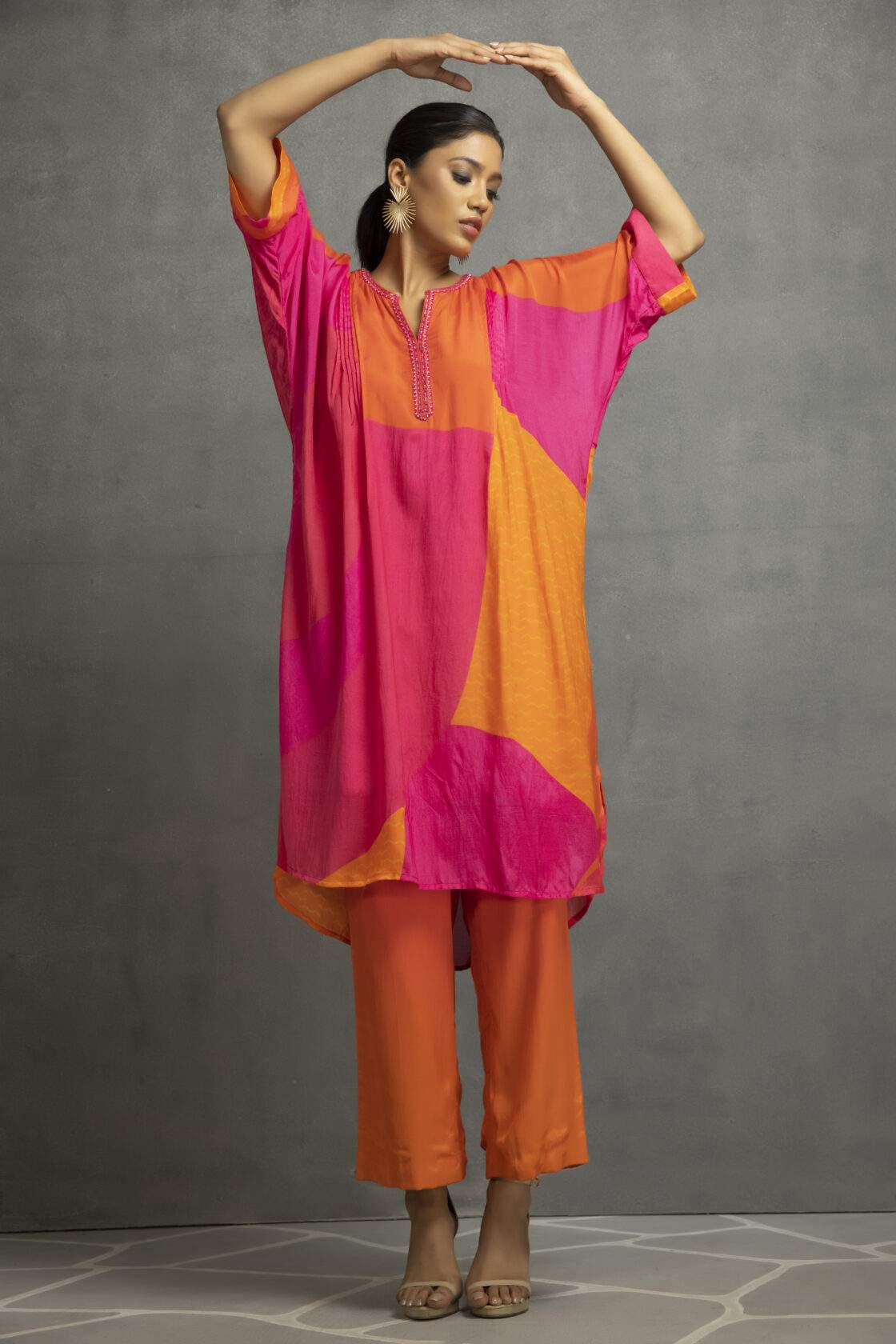 Orange Pink Printed Pleated Kurta In Cotton Silk Base