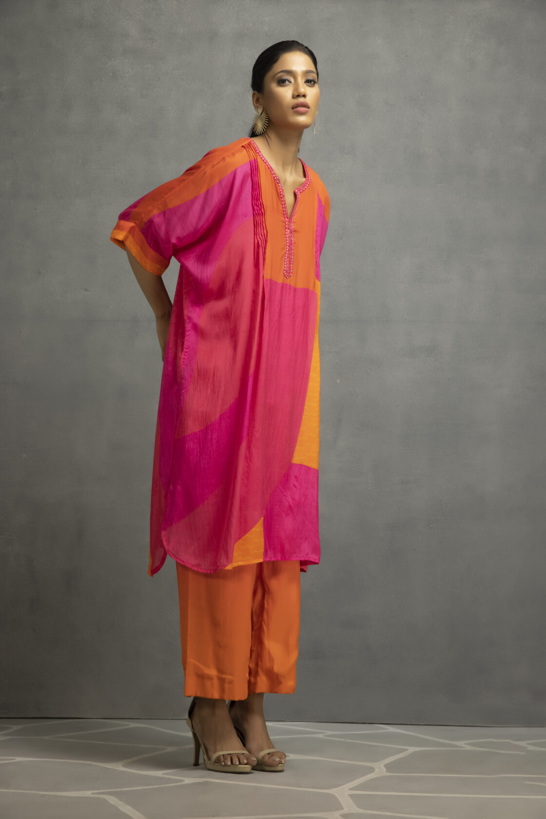 Orange Pink Printed Pleated Kurta In Cotton Silk Base