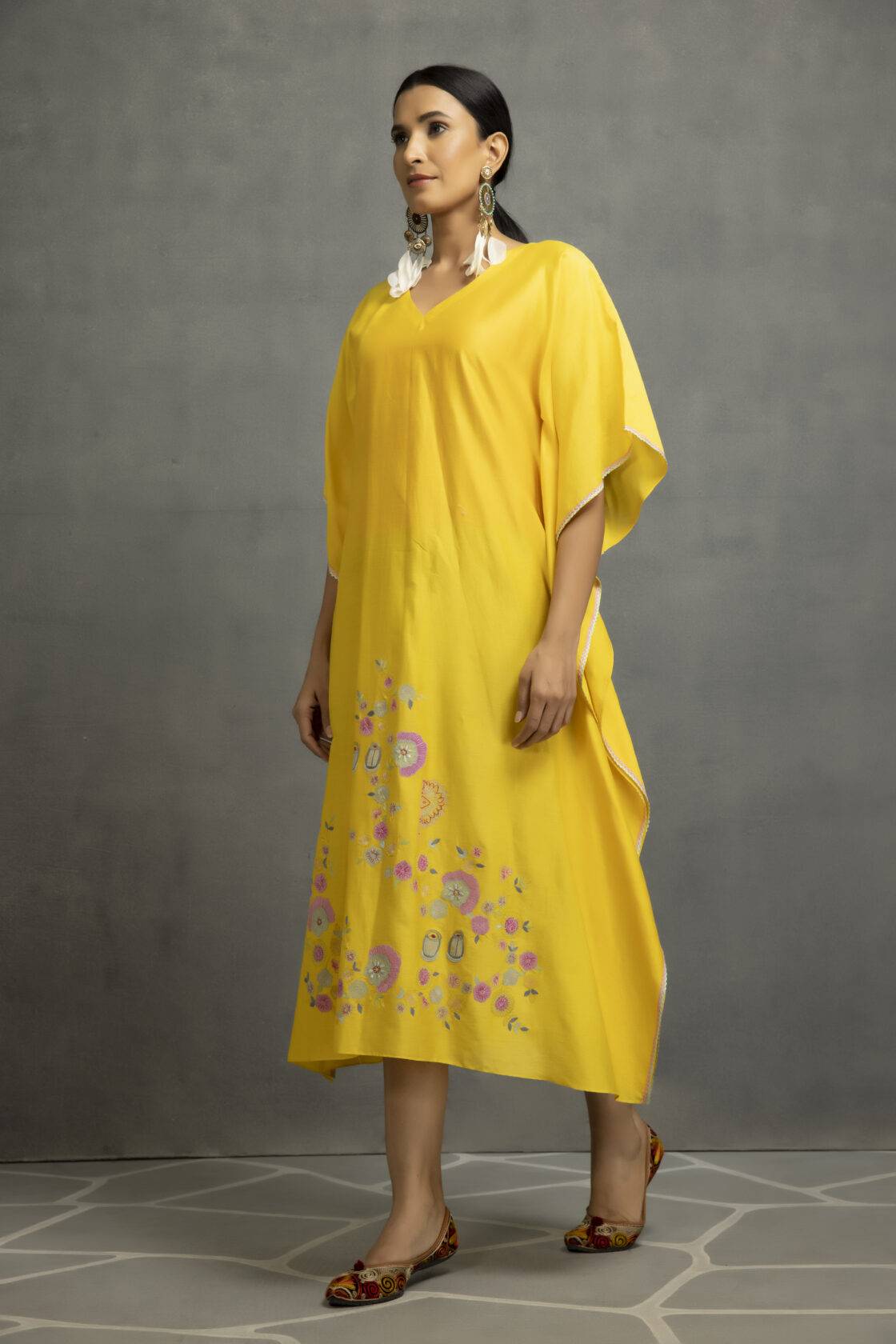 Yellow Story Telling Kaftan In Chanderi Base With Applique Work