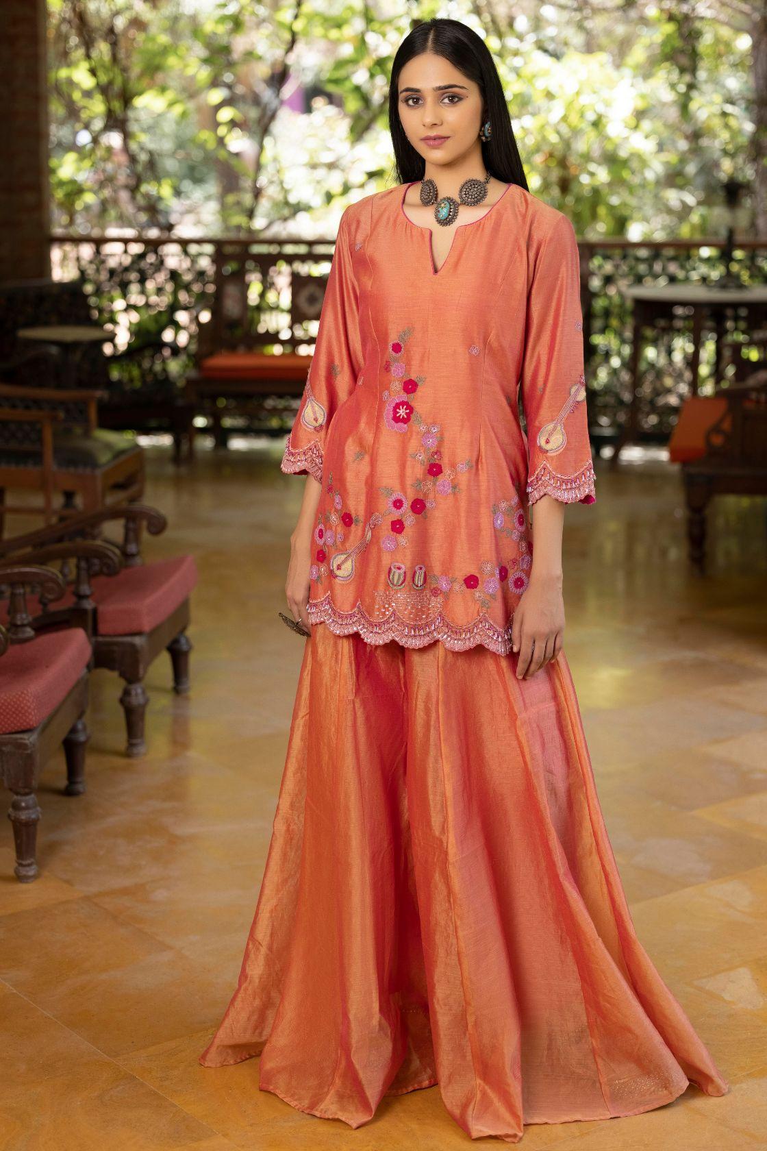 Dual Tone Sharara Set With Effect Of Orange And Pink